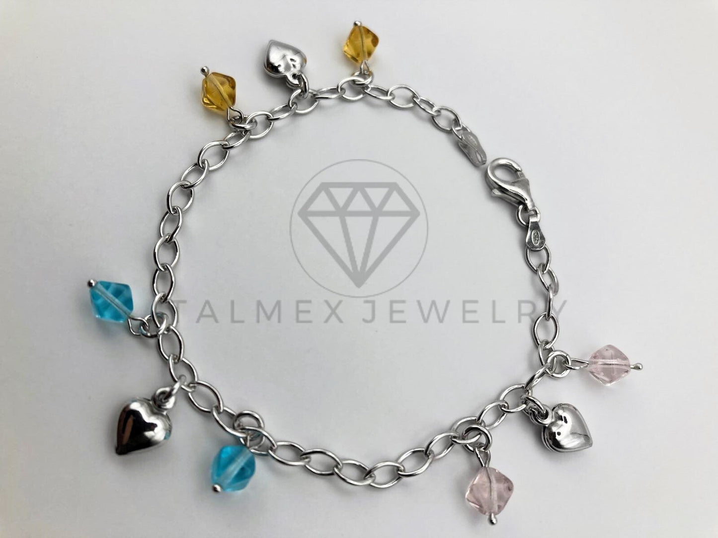 Pulsera de Lujo - 105459 - Diseño Charms y Corazon Azul y Amarillo Plata .925