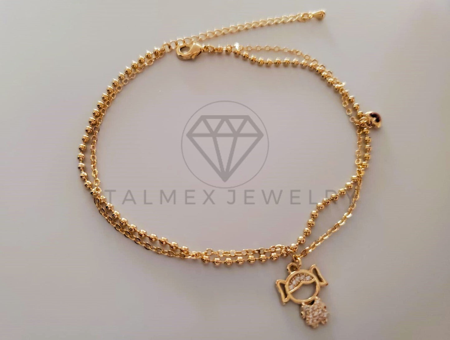 Tobillera de Lujo - 104902 - Diseño Niña y Corazon Circonia Clara Oro Laminado 18K