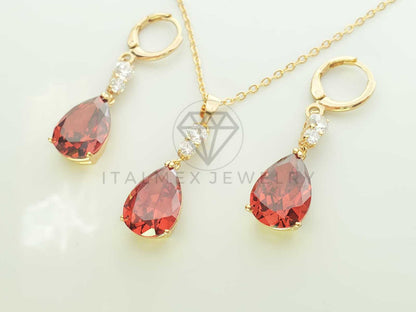Juego de Lujo - 100641 - Diseño de CZ Gota Color Tinto Oro Laminado 18K