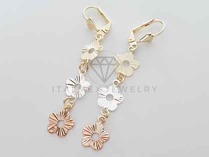 Arete de Lujo - 100737 - Arete Largo de Flores 3 Tonos Oro Laminado 18K