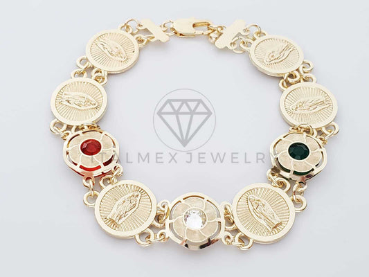 Pulsera de Lujo - 100242 - Diseño de Moneda de la Virgen de Guadalupe Con CZ Biselada Tricolor Oro Laminado 18K