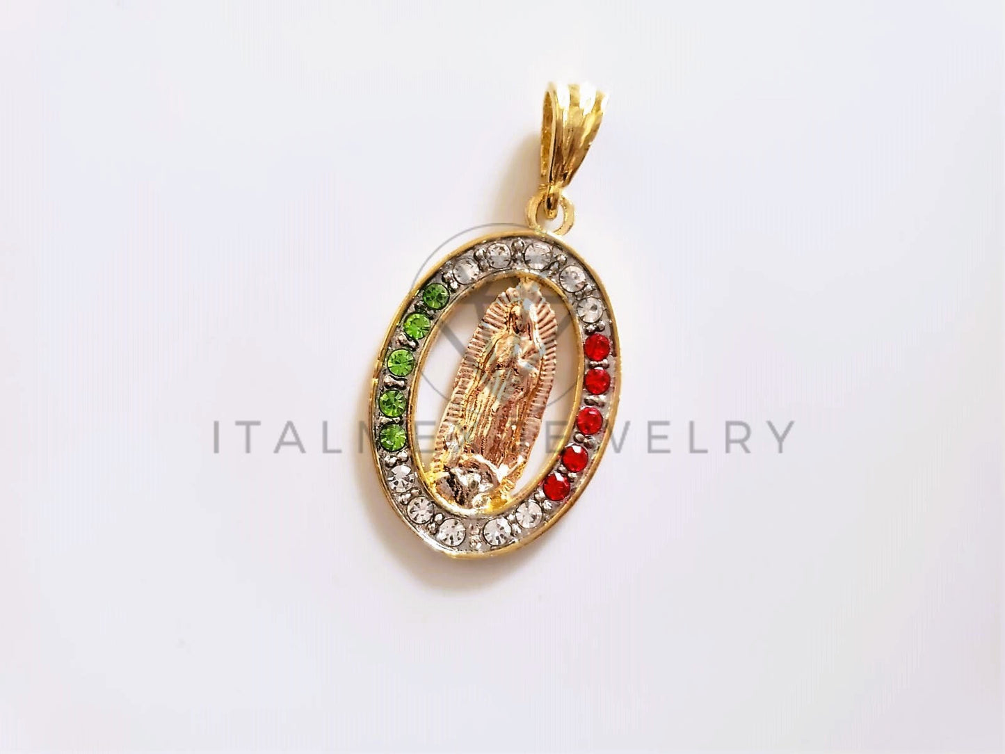 Dije Elegante - 104167 - Medalla Virgen Guadalupe Circonia Tricolor Oro Laminado 18K