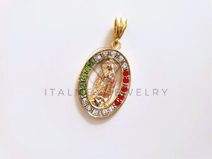 Dije Elegante - 104167 - Medalla Virgen Guadalupe Circonia Tricolor Oro Laminado 18K