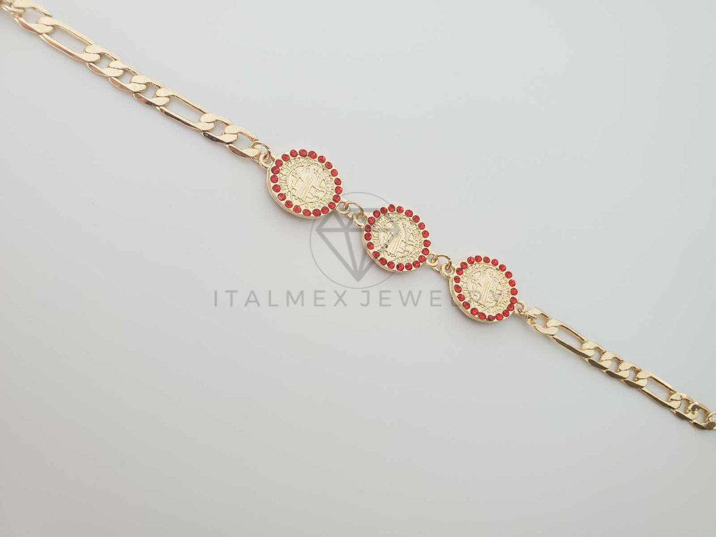 Pulsera Elegante - 100184 - Diseño de San Benito con CZ Roja Oro Laminado 18K