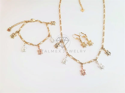 Juego de Lujo - 103170 - Diseño de Tortugas Collar, Arete y Pulsera Oro Laminado 18K