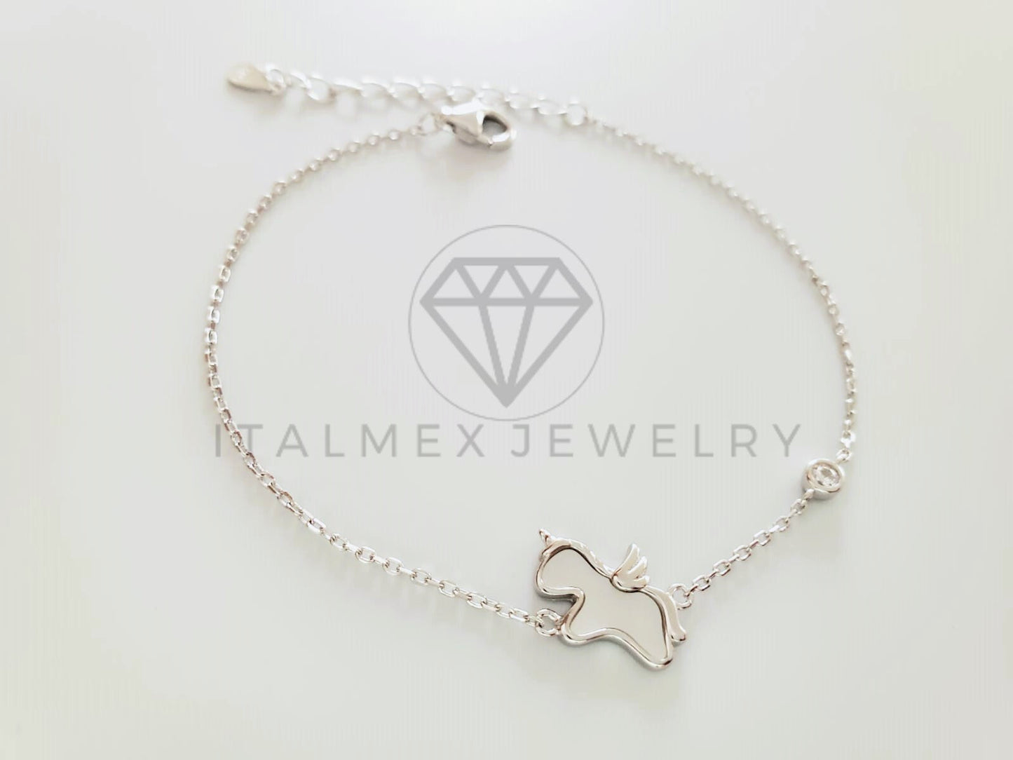 Pulsera de Lujo - 104769 - Diseño Unicornio Esmalte Madre Perla Plata Fina .925