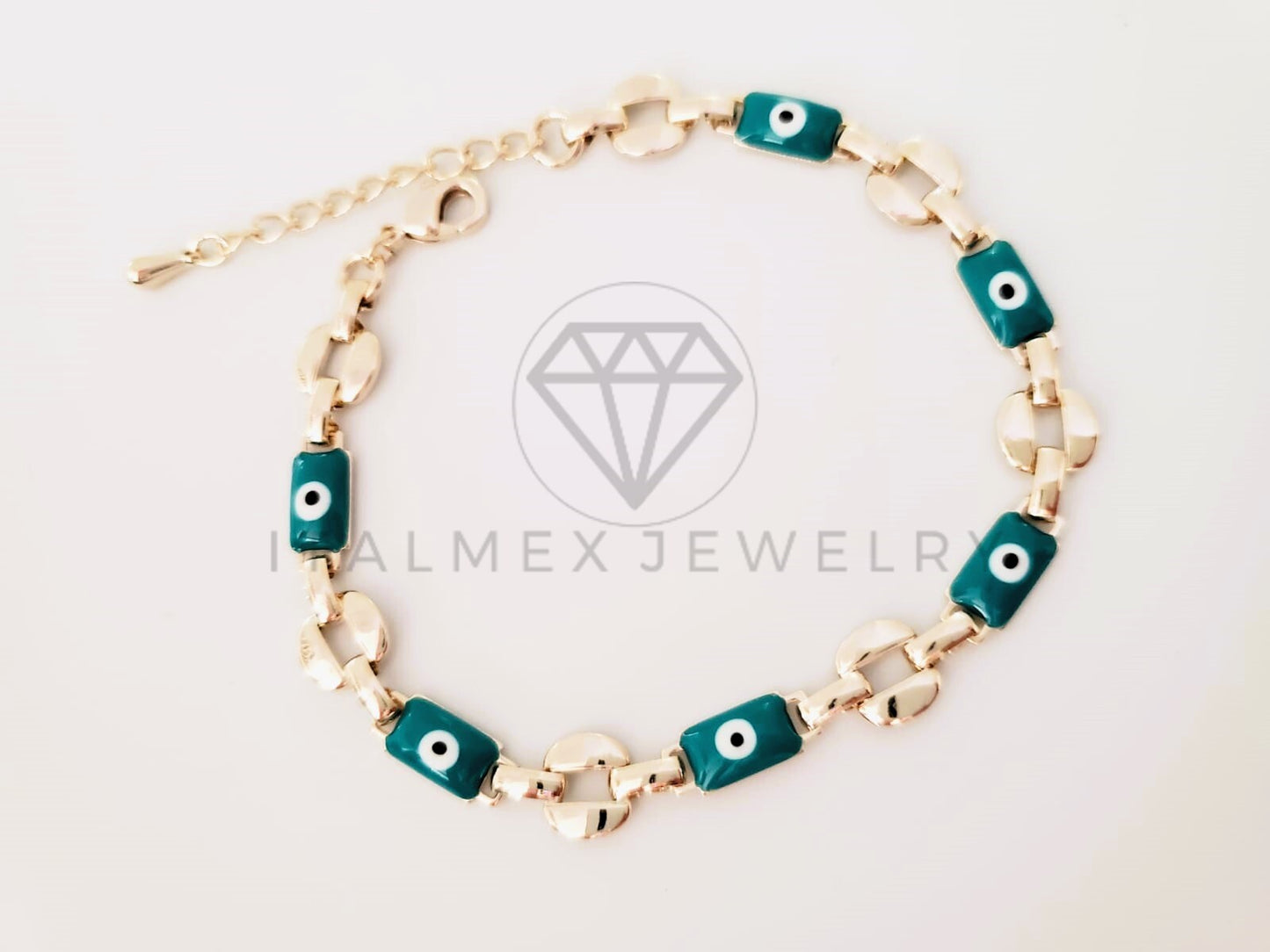 Pulsera de Lujo - 105282 - Pulsera Eslabon Italiano y Ojo Turco Azul Oro Laminado 18K