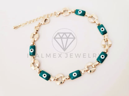 Pulsera de Lujo - 105282 - Pulsera Eslabon Italiano y Ojo Turco Azul Oro Laminado 18K