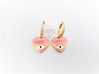 Arete de Lujo - 103148 - Diseño Corazón Ojo Turco Rosa Oro Laminado 18K