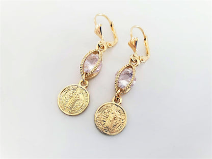 Saint Benedict Design with Clear CZ | 18K Gold-Plated Earrings