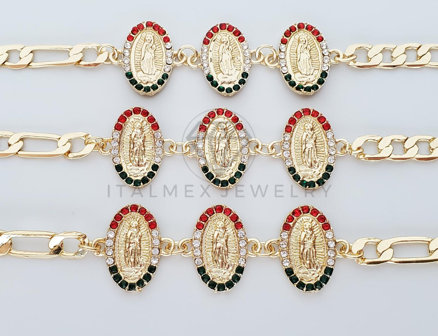 Pulsera Elegante - 100182 - Diseño de Virgen de Guadalupe Con CZ Tricolor Oro Laminado 18K