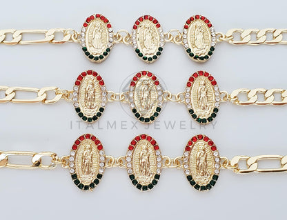 Pulsera Elegante - 100182 - Diseño de Virgen de Guadalupe Con CZ Tricolor Oro Laminado 18K