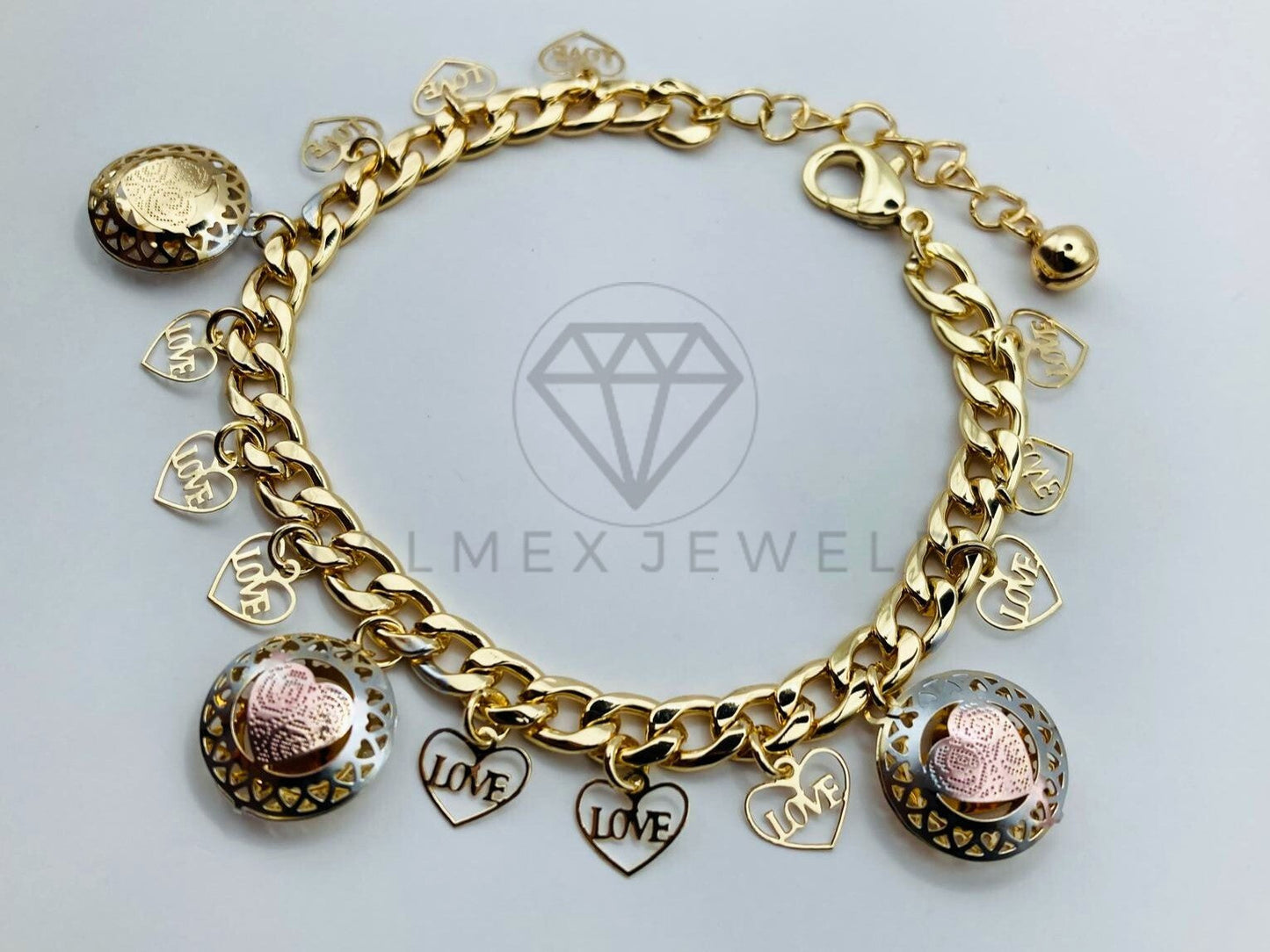 Pulsera de Lujo - 105818 - Pulsera Charms Corazones Love 3 Tonos Oro Laminado 18K