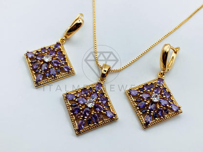 Juego de Lujo - 105861 - Juego Rombo Circonia Morada Oro Laminado 18K