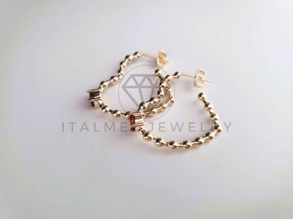 Arete de Lujo - 103774 - Broquel Largo Corazon y Bolitas CZ Roja Oro Laminado 18K
