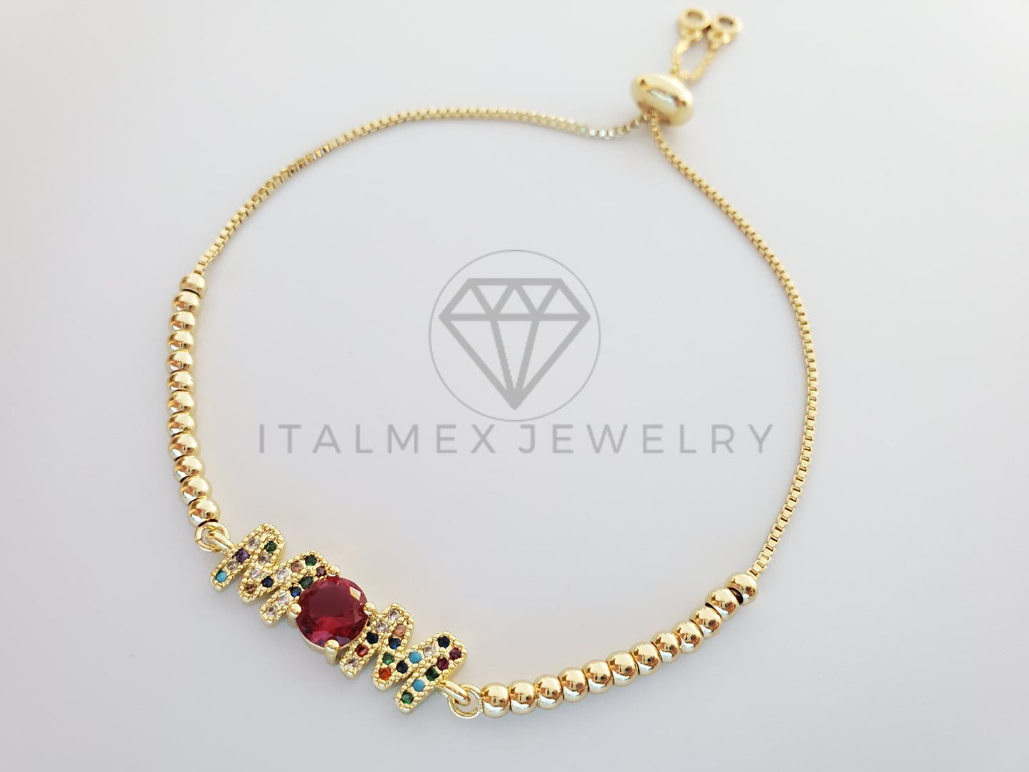 Pulsera Ajustable - 101297 - Diseño de Mamá|MOM con CZ Color Oro Laminado 18K