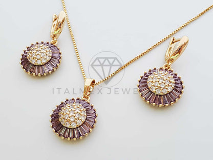 Juego de Lujo - 100639 - Diseño de CZ Baguette Color Morada Oro Laminado 18K