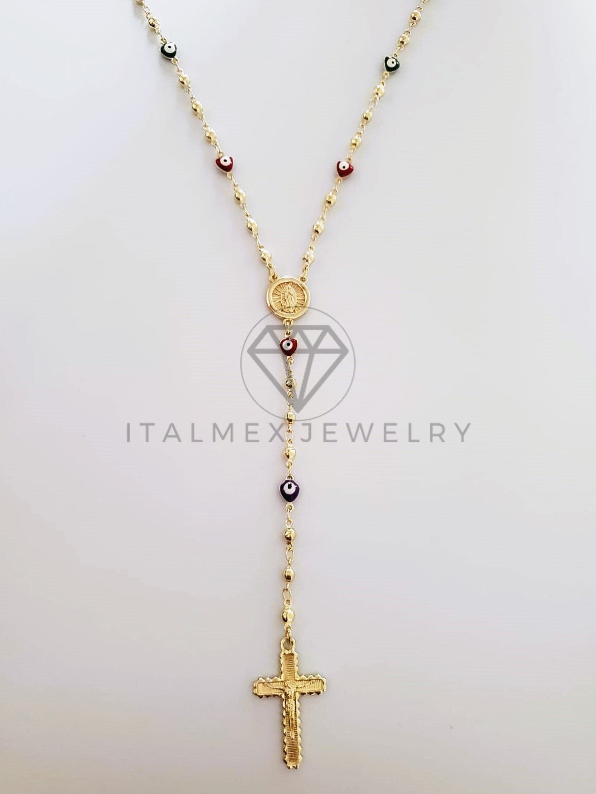 Rosario de Lujo - 104225 - Estilo Ojo Turco Corazón Medalla Virgen y Cristo Oro Laminado 18K