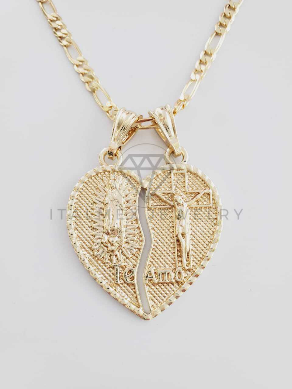 Dije Elegante - 102351 - Corazón Partido Virgen y Cristo Tamaño Mediana Oro Laminado 18K