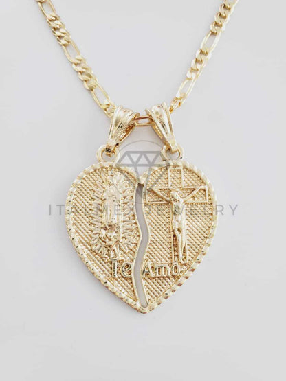 Dije Elegante - 102351 - Corazón Partido Virgen y Cristo Tamaño Mediana Oro Laminado 18K