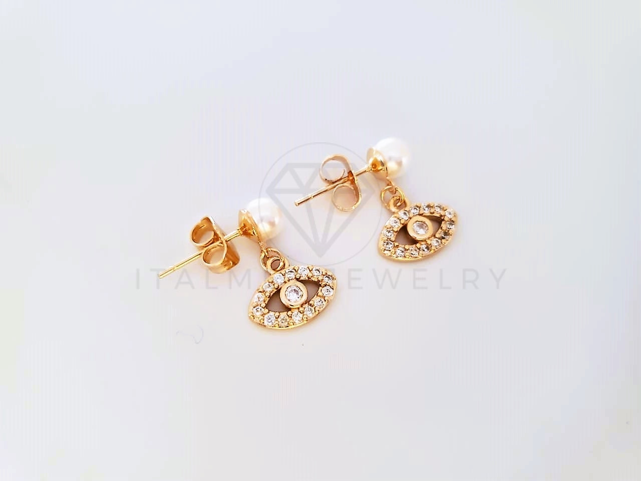 Broquel de Lujo - 104018 - Diseño Ojo Turco y Perla CZ Clara Oro Laminado 18K