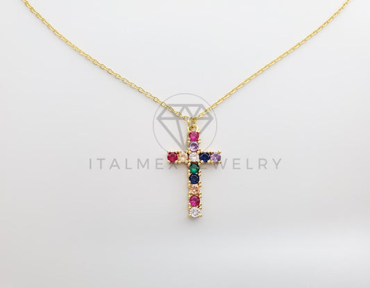 Collar Elegante - 100267 - Cruz con CZ Colores 20" Dorado Oro Laminado 18K