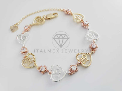 Pulsera de Lujo - 102416 - Diseño Corazón 15 Años con CZ Oro Laminado 18K