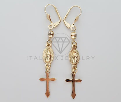 Arete de Lujo - 100747 - Arete Largo diseño de Virgen y Cruz Oro Laminado 18K