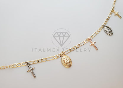 Tobillera Ajustable - 100131 - Diseño de Cristo y Medalla Virgen Oro Laminado 18K