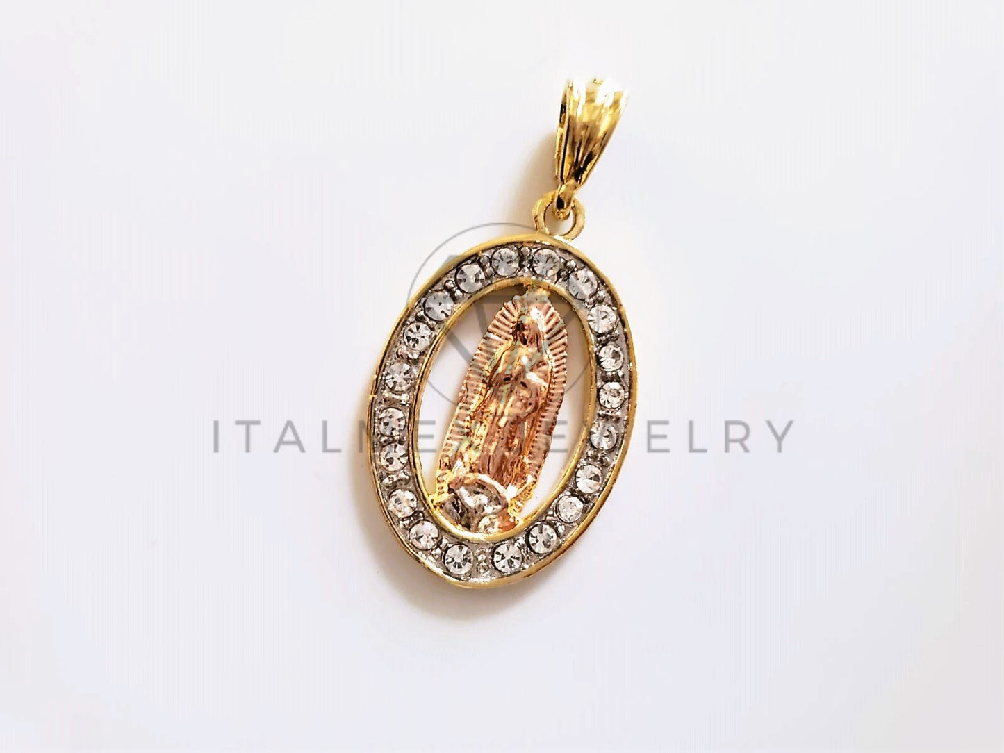 Dije Elegante - 104166 - Medalla Virgen Guadalupe Circonia Clara Oro Laminado 18K
