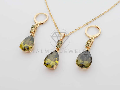 Juego de Lujo - 100640 - Diseño de CZ Gota Color Verde Oro Laminado 18K