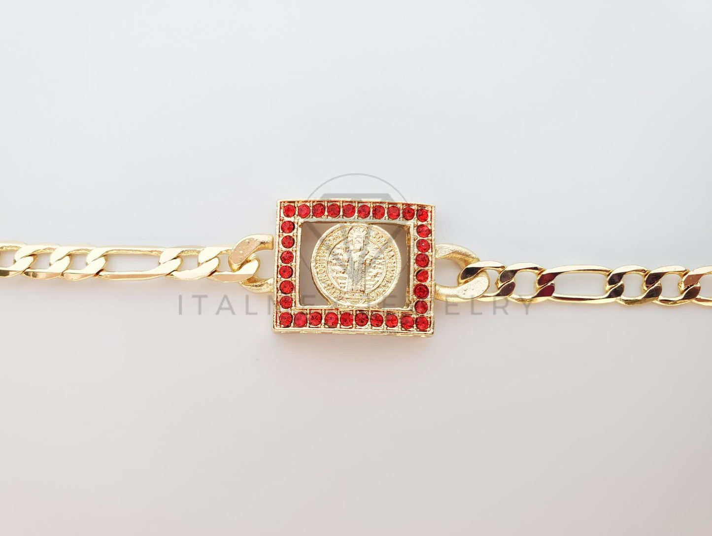 Esclava Elegante - 100244 - Diseño Placa San Benito CZ Roja Oro Laminado 18K
