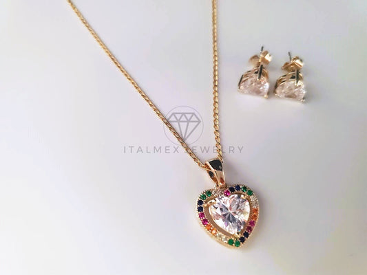 Juego de Lujo - 103777 - Diseño Corazón Biselado CZ Color Oro Laminado 18K