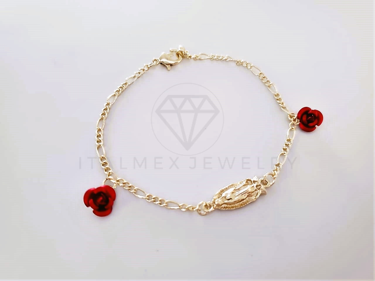 Pulsera Elegante - 103995 - Pulsera Virgen de Guadalupe y Rosas Rojas Oro Laminado 18K