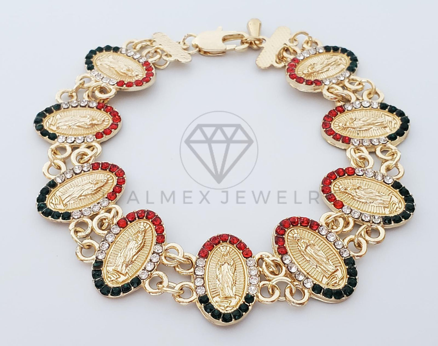 Pulsera de Lujo - 100208 - Diseño Virgen Guadalupe CZ Tricolor Oro Laminado 18K