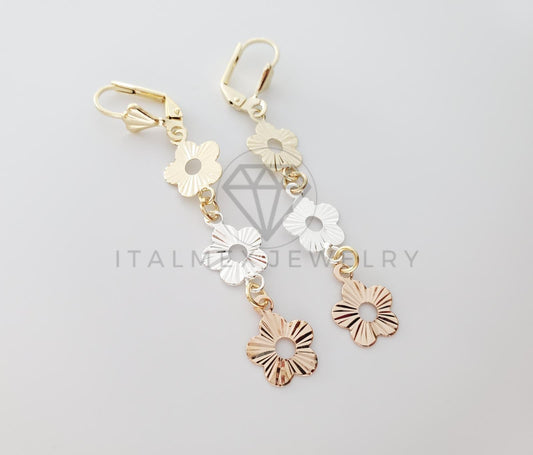 Arete de Lujo - 100737 - Arete Largo de Flores 3 Tonos Oro Laminado 18K