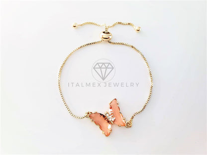 Pulsera de Lujo - 103198 - Diseño Ajustable con Mariposa CZ Rosa Claro Oro Laminado 18K
