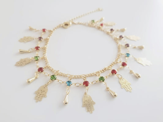 18K Gold-Plated Anklet | Hamsa Hand with Colorful CZ Design