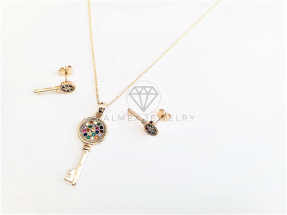 Juego de Lujo - 103048 - Diseño Llave CZ Colores Oro Laminado 18K