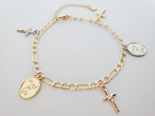 18K Gold-Plated Anklet | Jesus Christ Cross & Virgin Charms