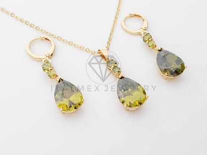 Juego de Lujo - 100640 - Diseño de CZ Gota Color Verde Oro Laminado 18K