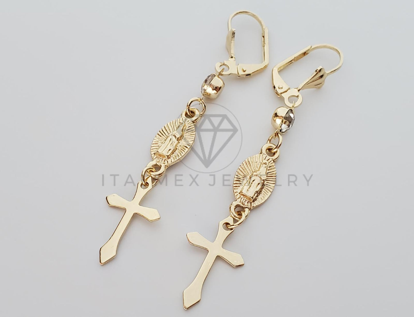 Arete de Lujo - 100747 - Arete Largo diseño de Virgen y Cruz Oro Laminado 18K