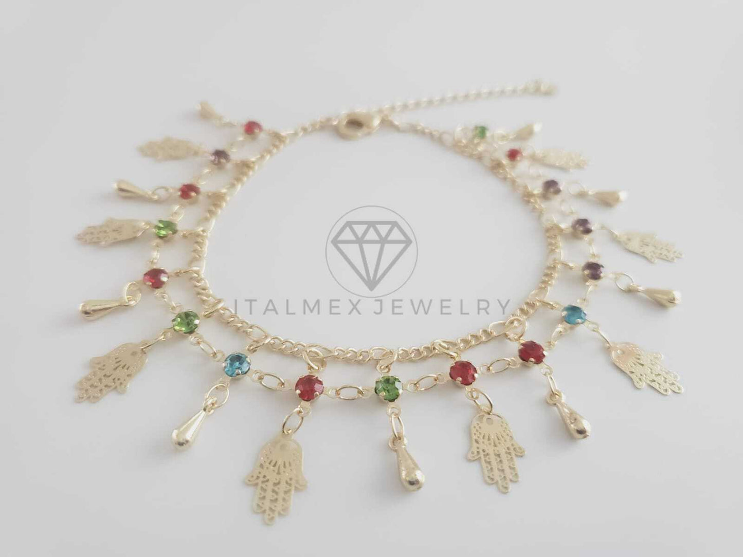 Tobillera Ajustable - 102699 - Diseño de Mano Hamsa con CZ Colores Oro Laminado 18K
