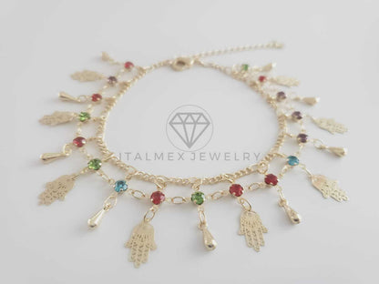 Tobillera Ajustable - 102699 - Diseño de Mano Hamsa con CZ Colores Oro Laminado 18K