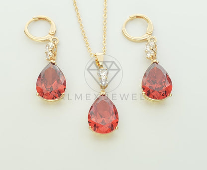 Juego de Lujo - 100641 - Diseño de CZ Gota Color Tinto Oro Laminado 18K