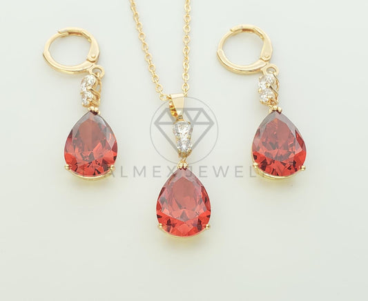 Juego de Lujo - 100641 - Diseño de CZ Gota Color Tinto Oro Laminado 18K
