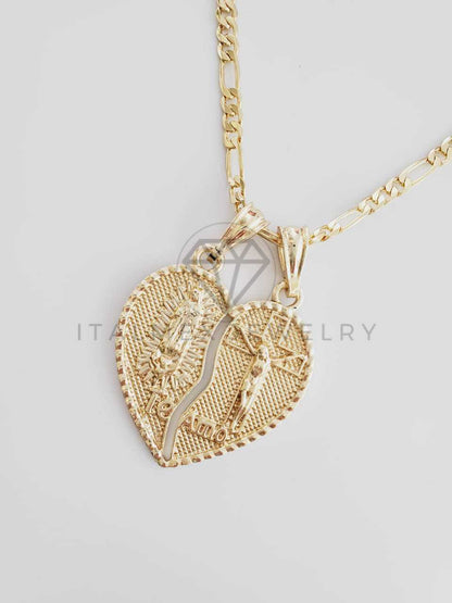 Dije Elegante - 102351 - Corazón Partido Virgen y Cristo Tamaño Mediana Oro Laminado 18K
