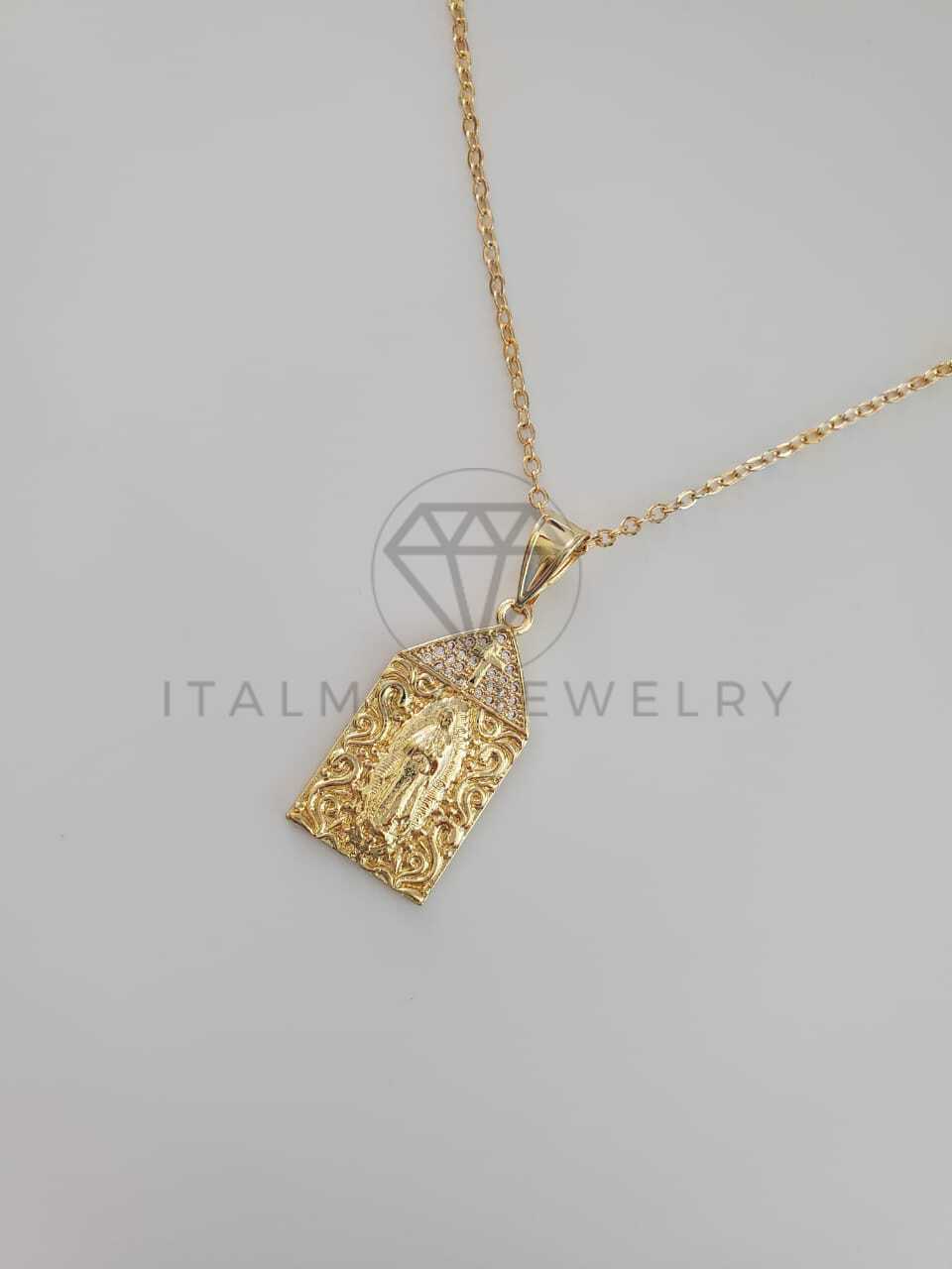 Dije Religioso - 102256 - Dije Medalla Virgen Guadalupe Cruz con CZ Blanca Oro Laminado 18K