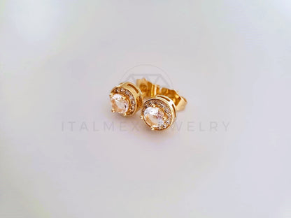 Broquel de Lujo - 104054 - Diseño Biselado CZ Redonda Clara Oro Laminado 18K