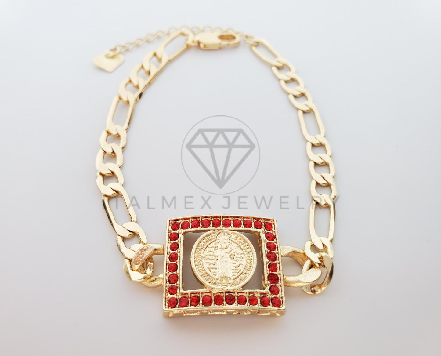Esclava Elegante - 100244 - Diseño Placa San Benito CZ Roja Oro Laminado 18K